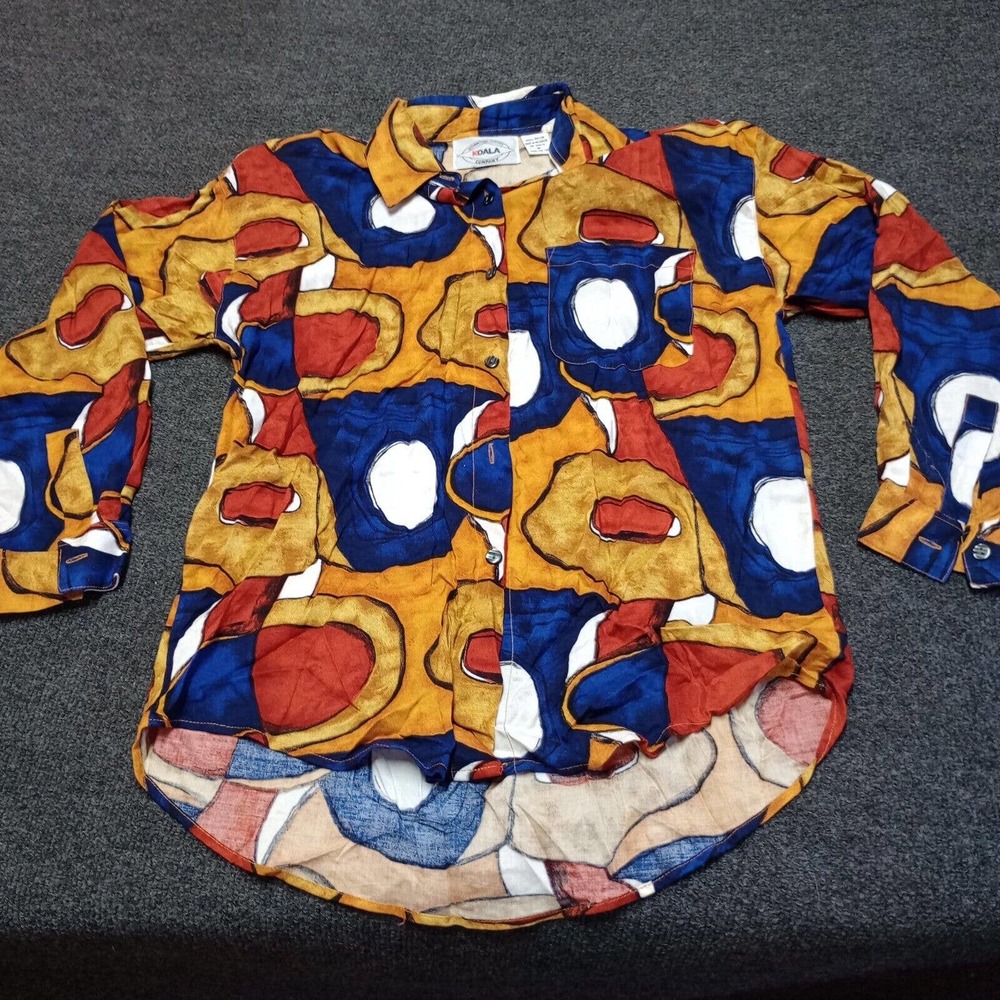 Vintage Koala Blouse Women Medium Abstract Brown and Blue Collared‎